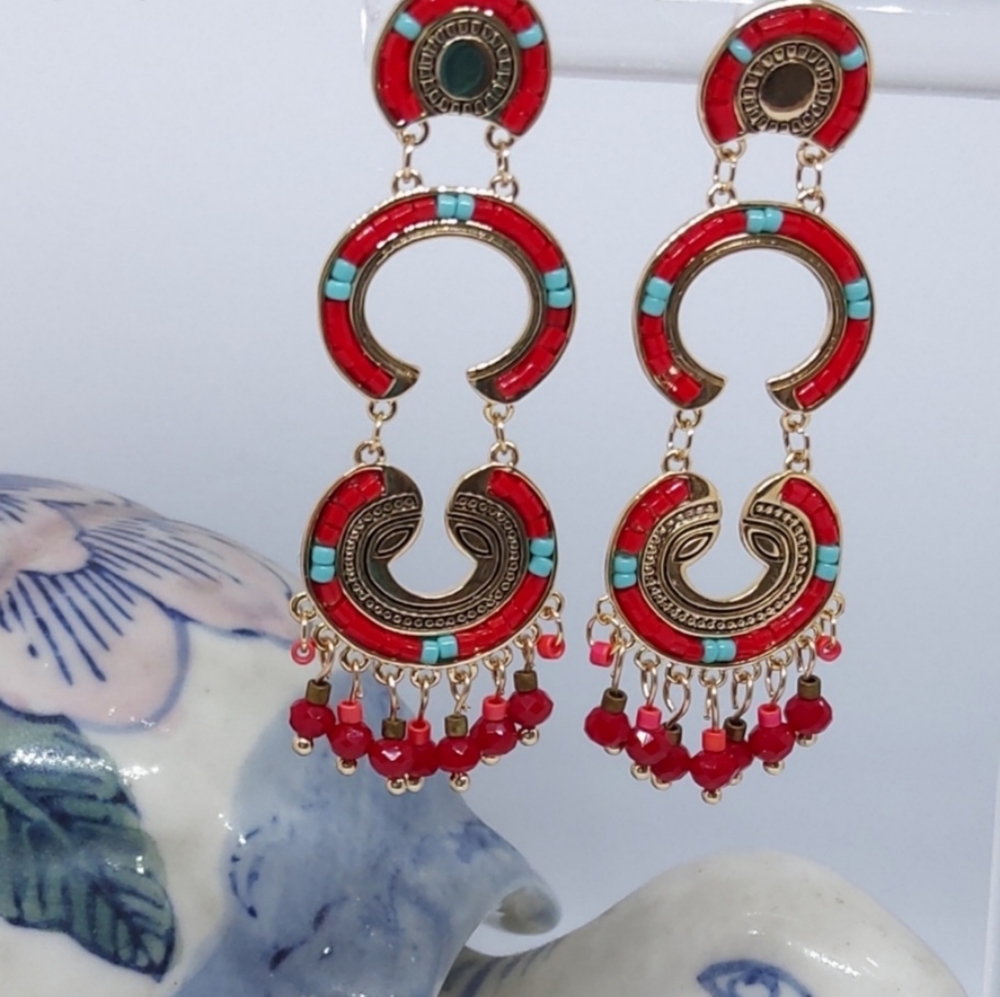 Delicate Alloy Jewelry Medium Size Earrings.    Red and Gold